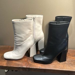 Set of Forever 21 Block Heel Booties, Faux Leather Black and Ivory, Size 7